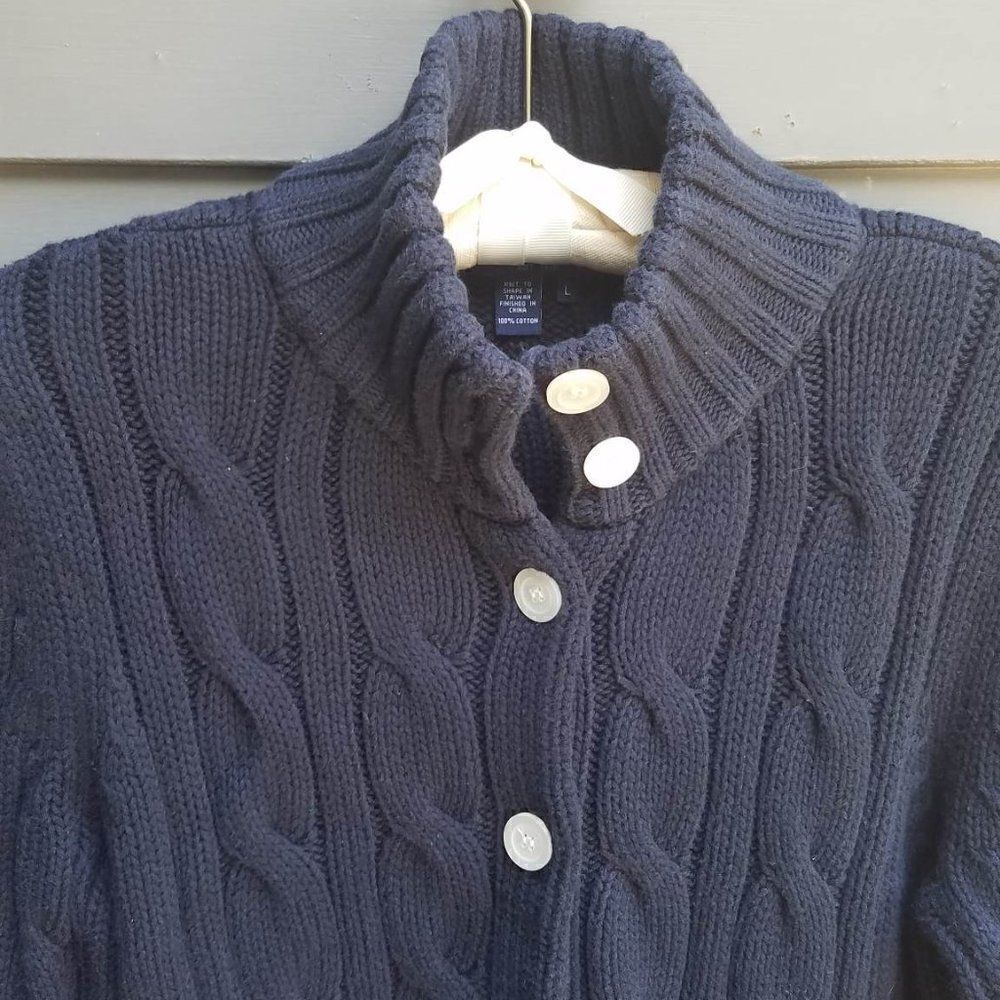 Chaps Navy Chunky Cable Knit Cardigan Sweater with White Buttons Size Large - Picture 6 of 9
